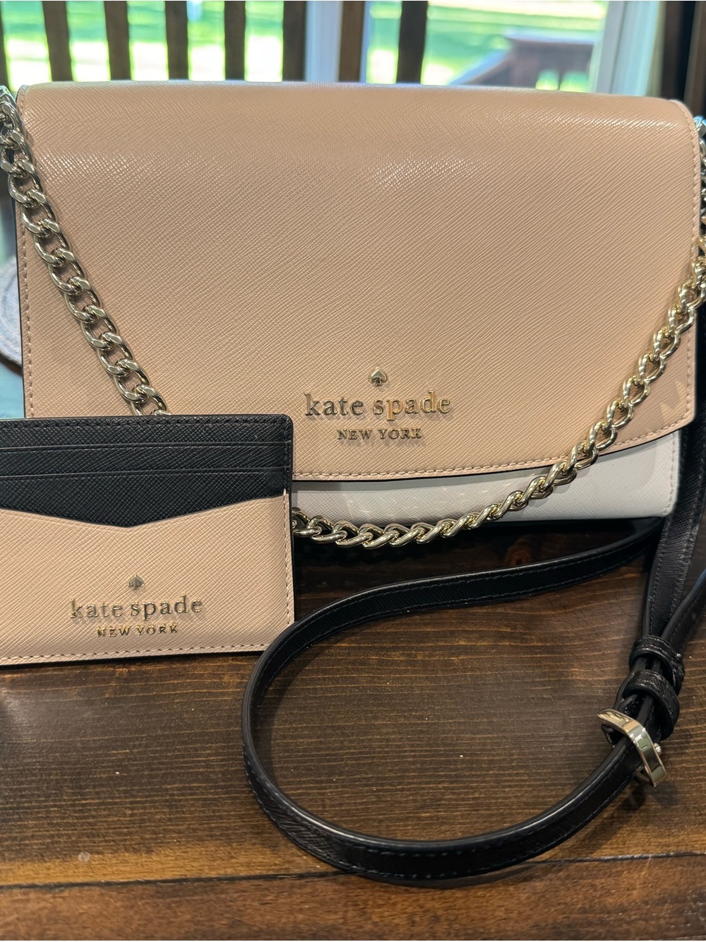 Kate Spade Color Block Blush, White & Black Leather Crossbody with Cardholder